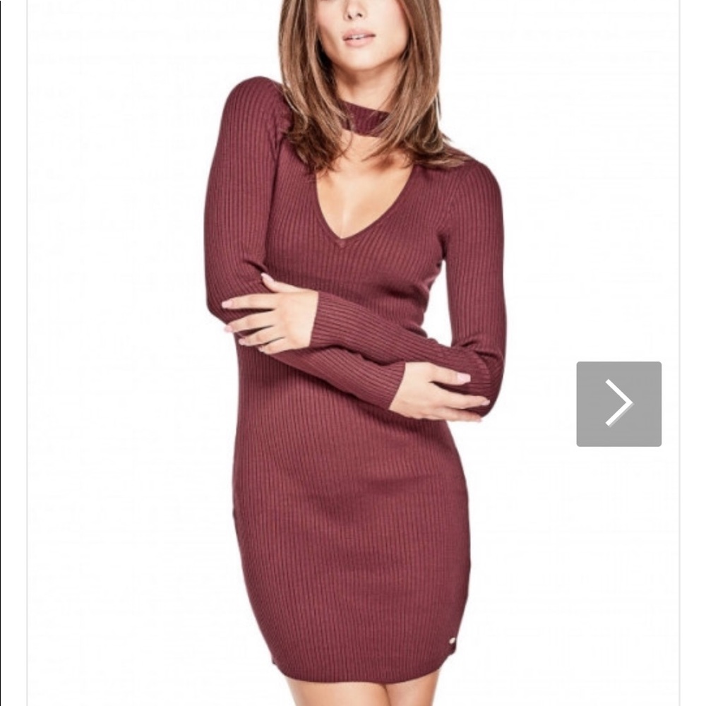 GUESS Laura Choker Dress Burgundy Bodycon Long Sleeve Y2K Inspired